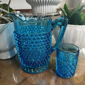 Antique Doyle Hobnail Pitcher & Tumbler Set, No. 150, Brilliant Blue 19th c.